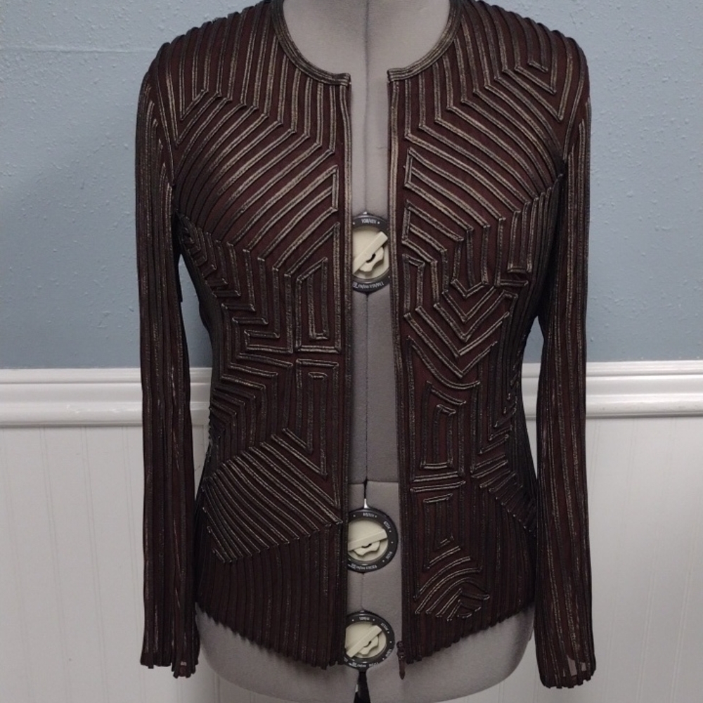Brown Geometric Pattern Blazer With Textured Fini… - image 1
